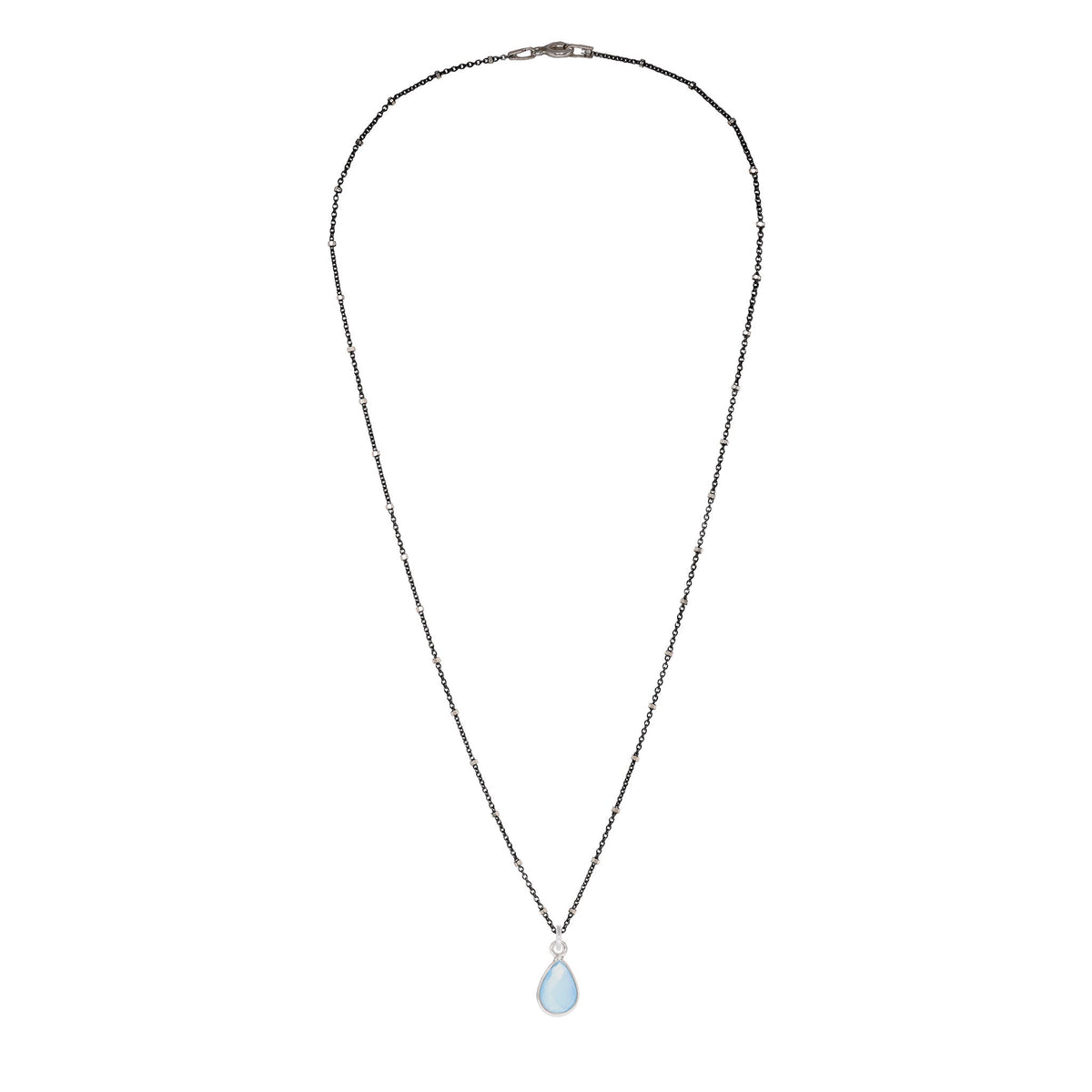 Oxidized Sterling Silver Chain with Teardrop Blue Chalcedony in Sterling Silver Bezel