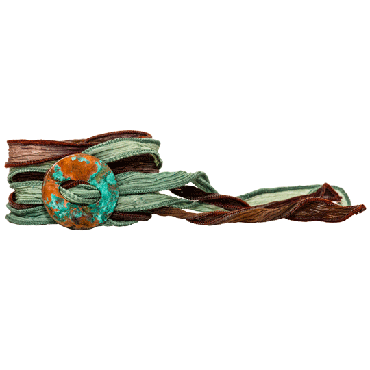 Moss Patina Copper Wrist Wrap with Suede and Sage Silk Ribbons