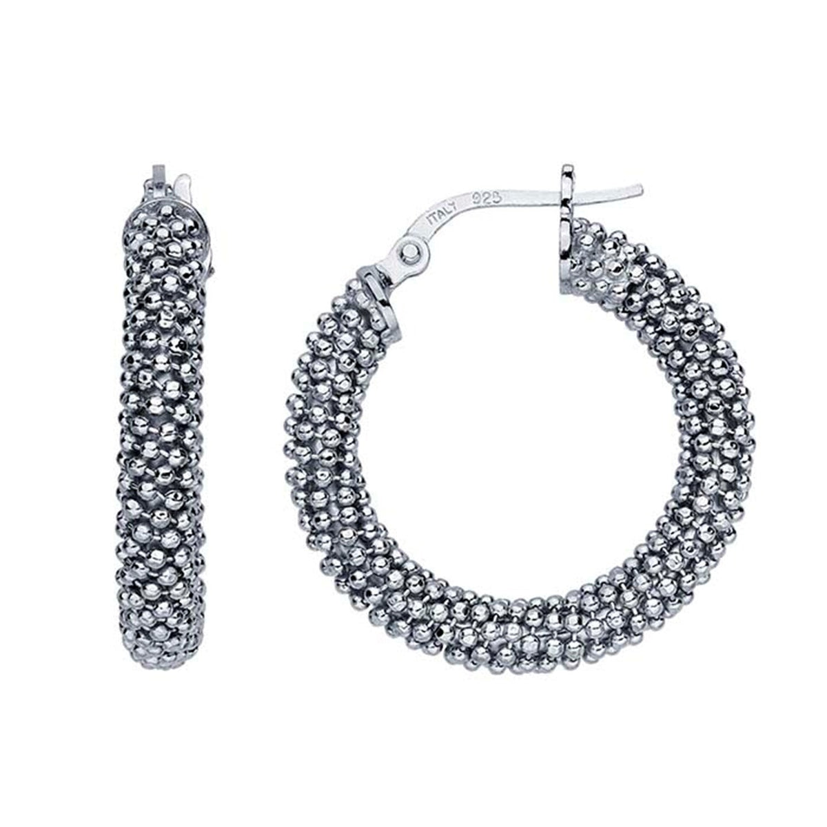 Sterling Silver Rhodium-Plated Beaded Hoop Earrings