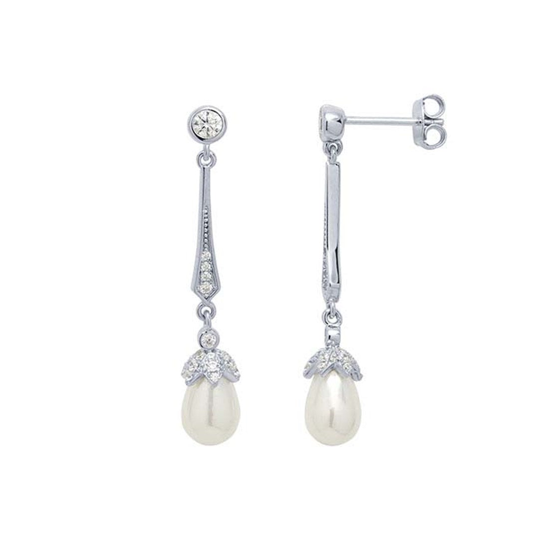 Sterling Silver Pearl Drop Earrings with CZ Accents