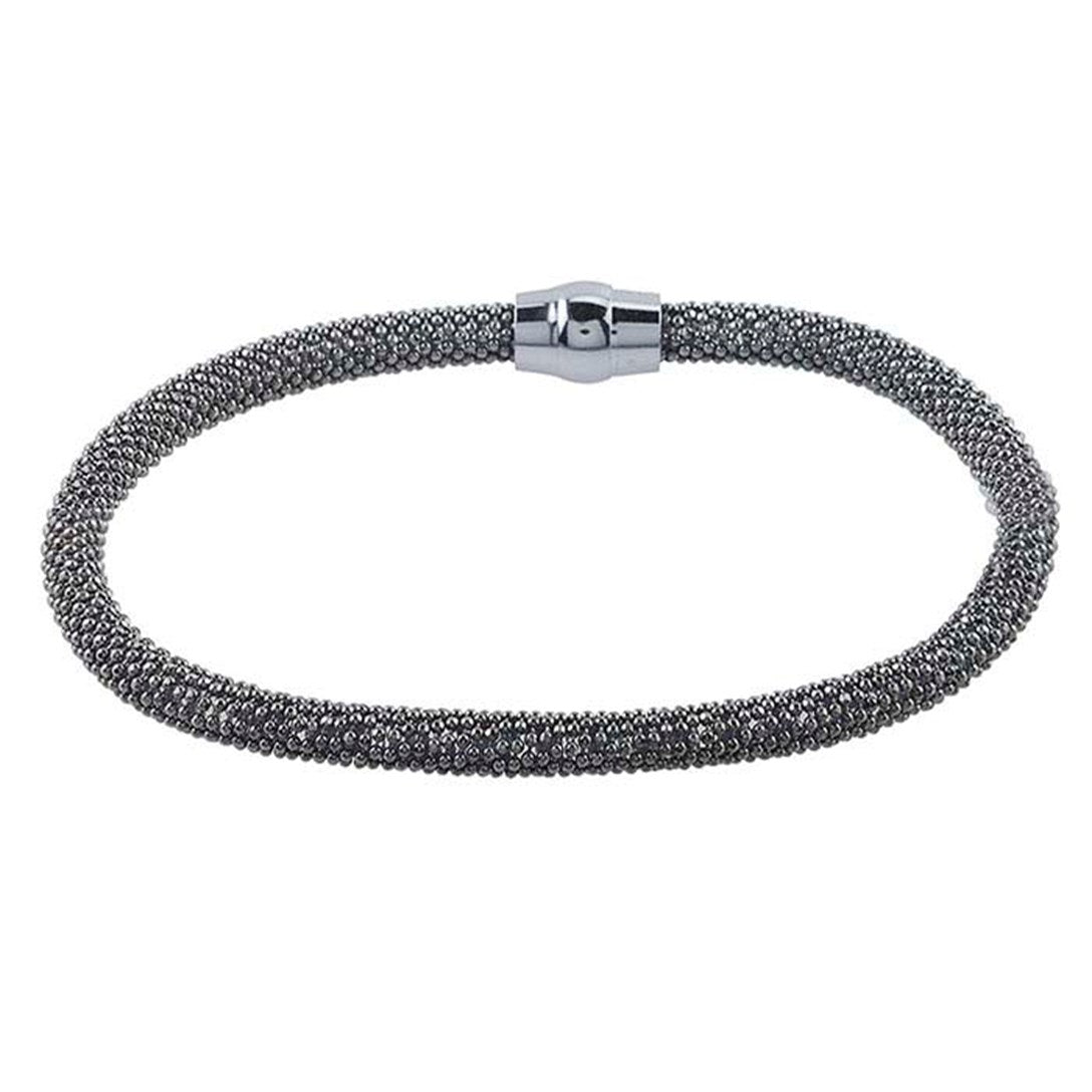 Sterling Silver Black Ruthenium Plated Diamond-Cut Bead Bangle Bracelet