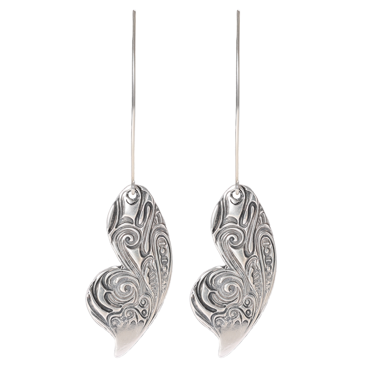 Butterfly Wing Textured Large Sterling Silver Earrings on Long Ear Wires