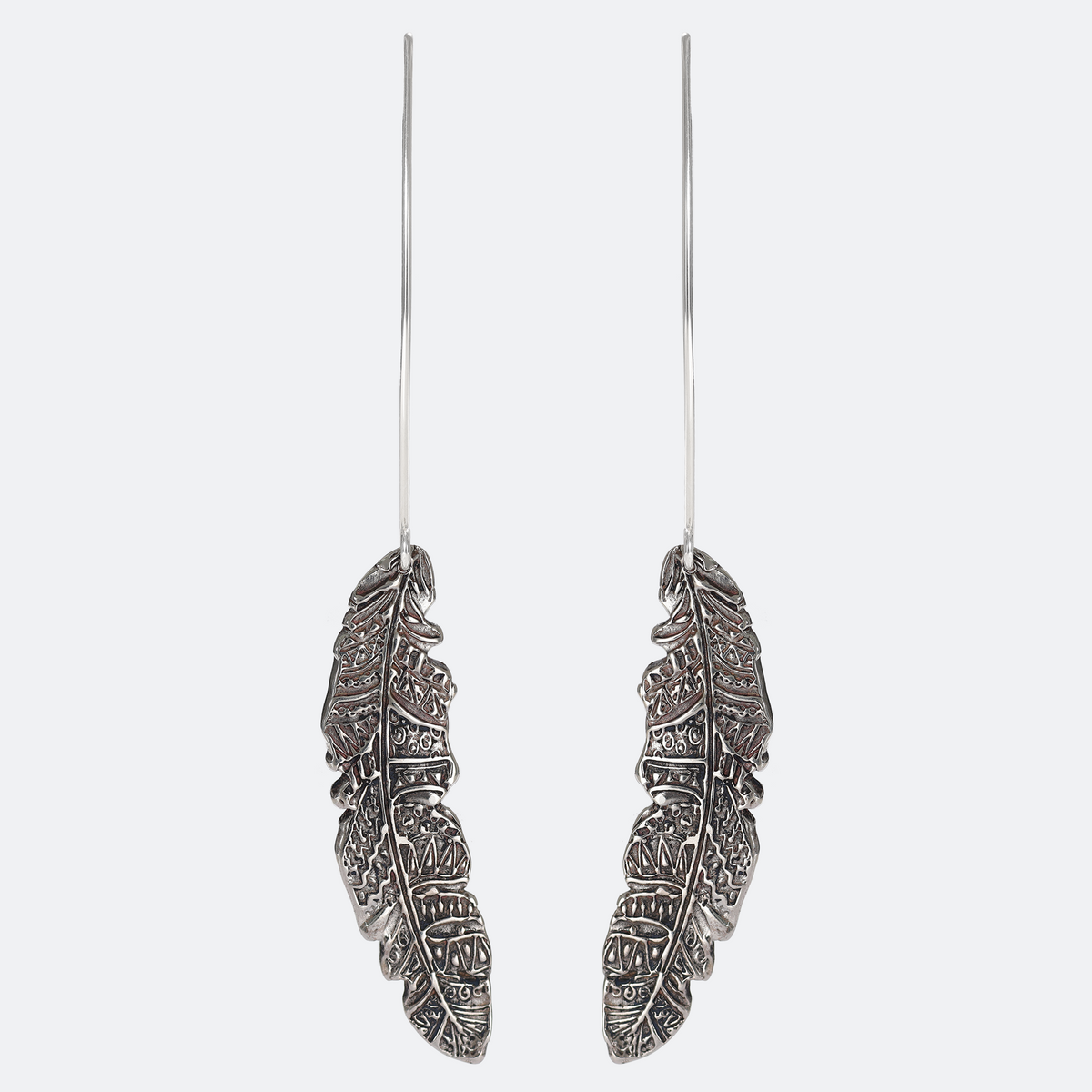 Feather Textured Large Sterling Silver Earrings on Long Ear Wires