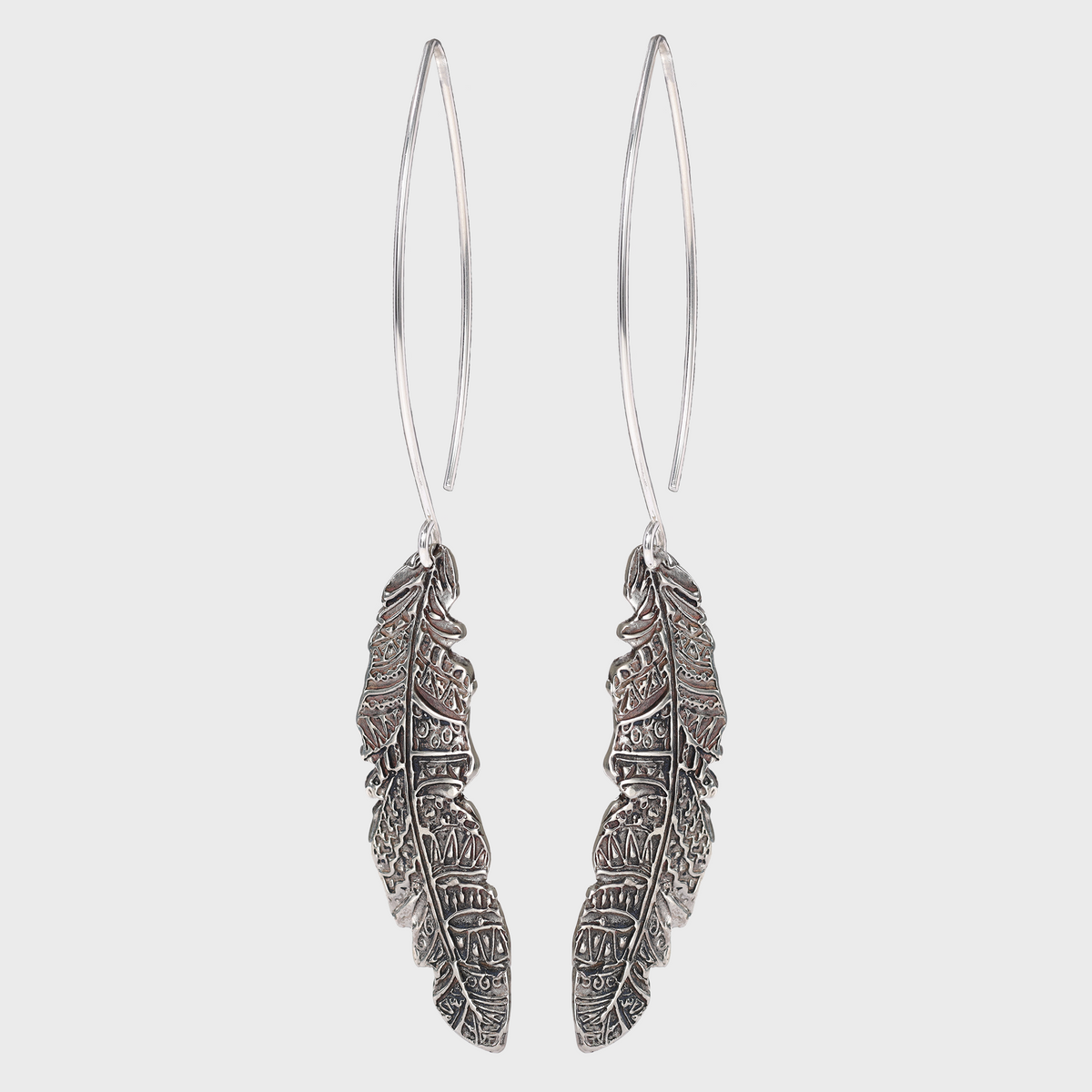 Feather Textured Large Sterling Silver Earrings on Long Ear Wires