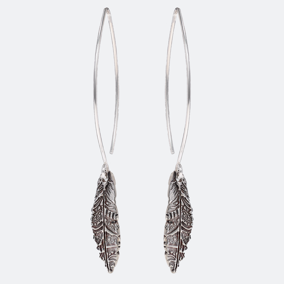 Feather Textured Small Sterling Silver Earrings on Long Ear Wires