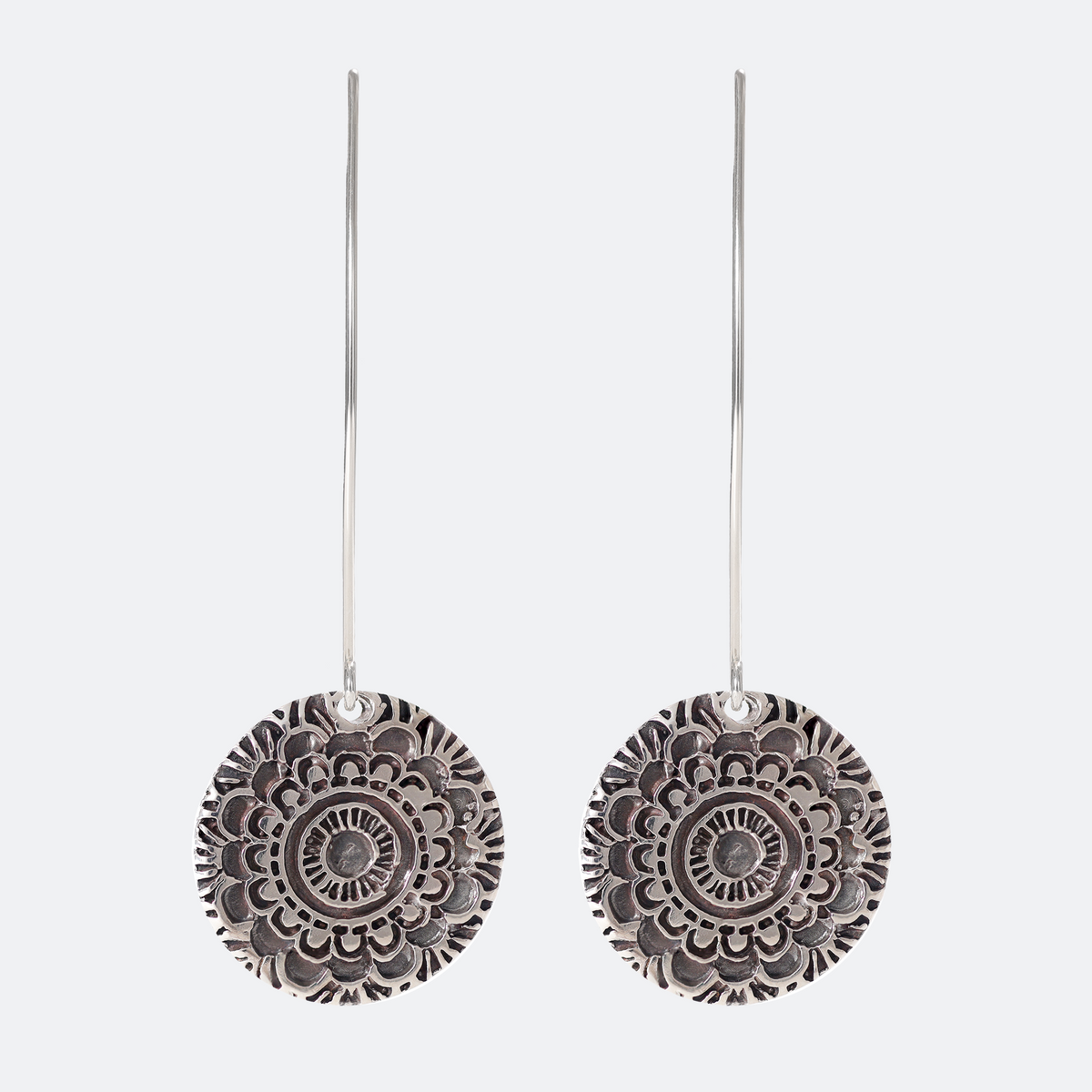 Mandala Textured Large Sterling Silver Earrings on Long Ear Wires