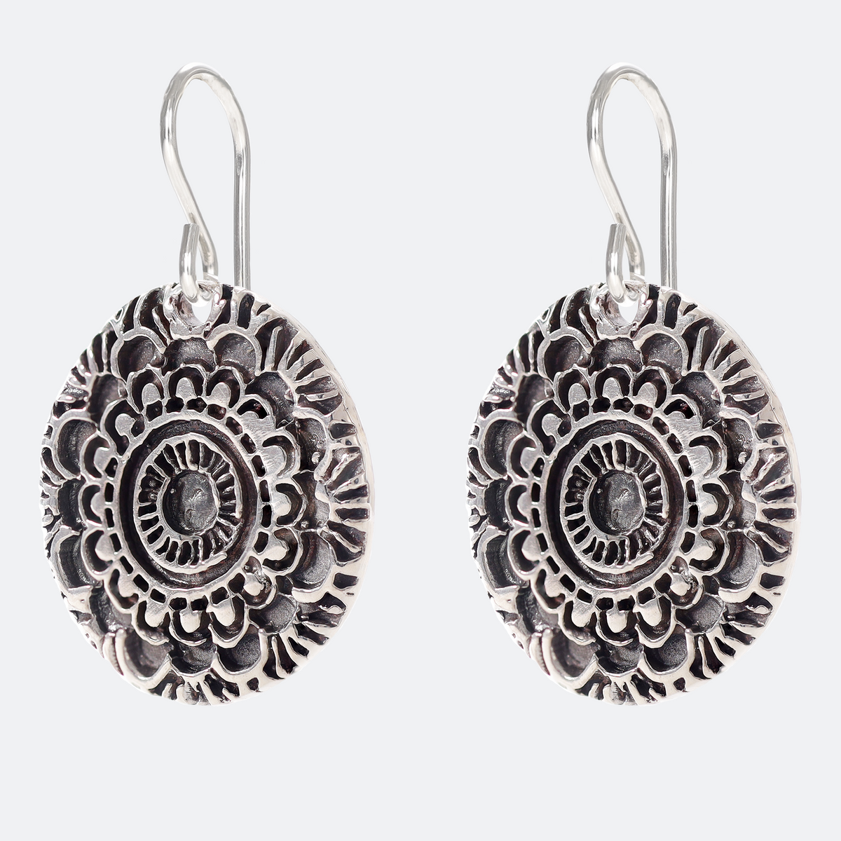 Mandala Textured Large Sterling Silver Earrings on Short Ear Wires