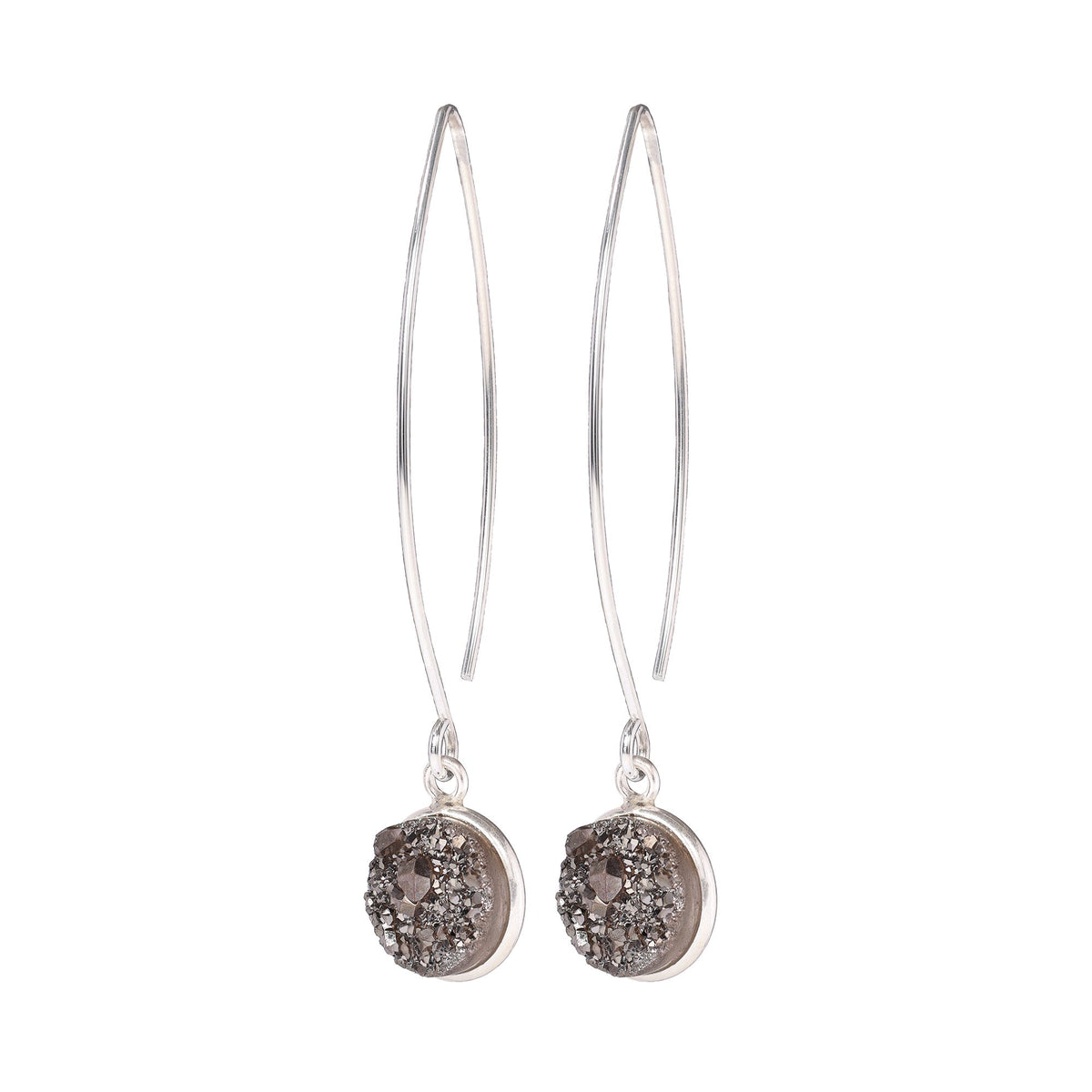 Sterling Silver Bezeled 11MM Gray Druzy Earrings on Long Sterling Silver Ear Wires