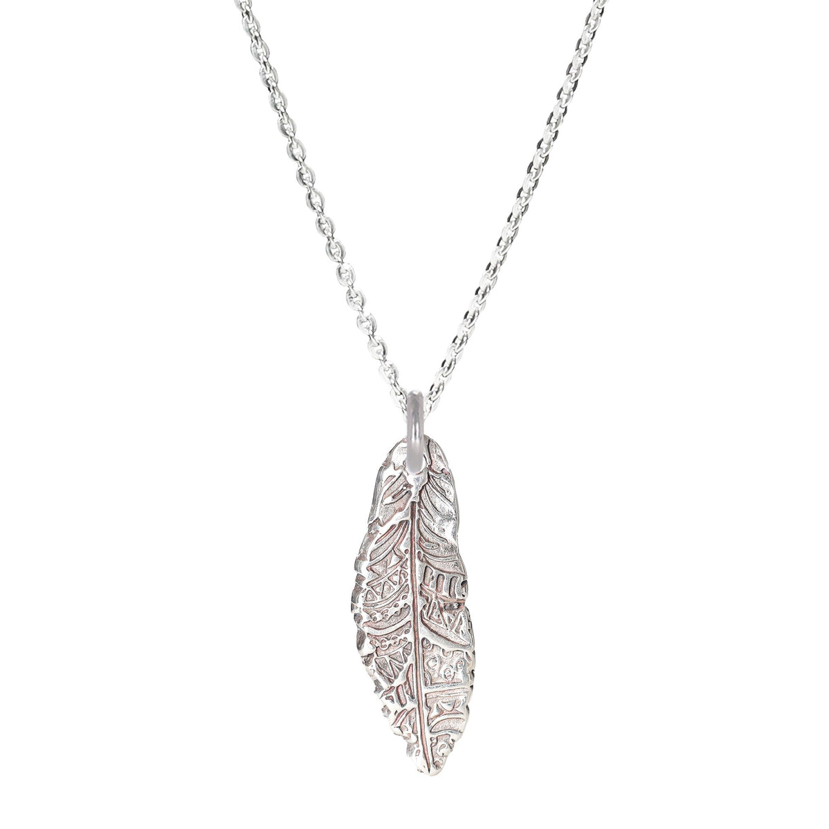 Feather Textured Small Sterling Silver Necklace on a Sterling Silver Cable Chain