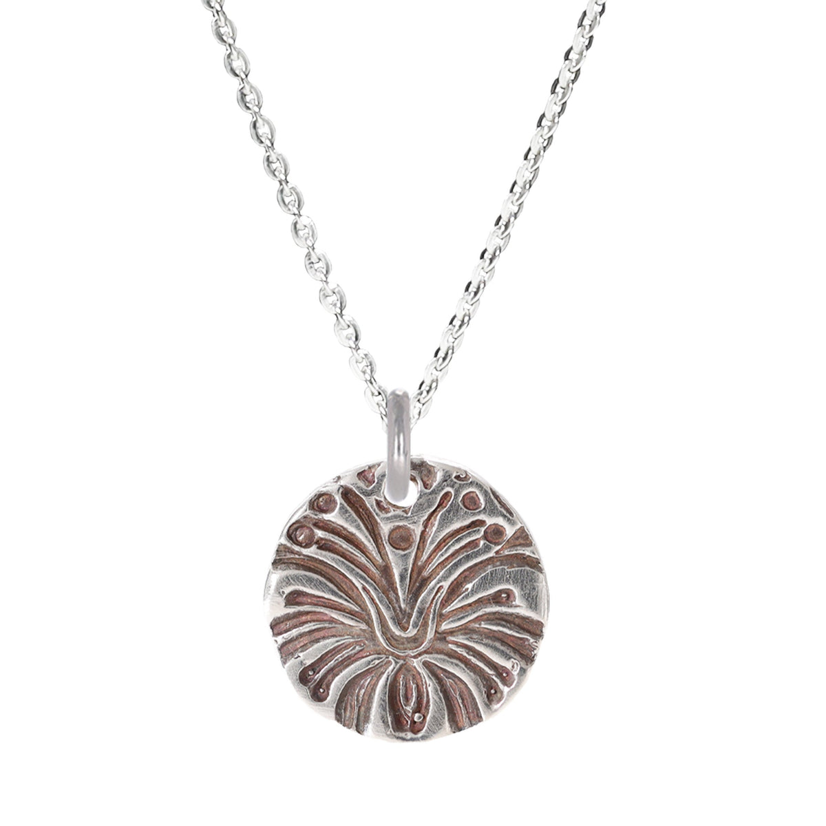Hibiscus Textured Small Sterling Silver Necklace on a Sterling Silver Cable Chain