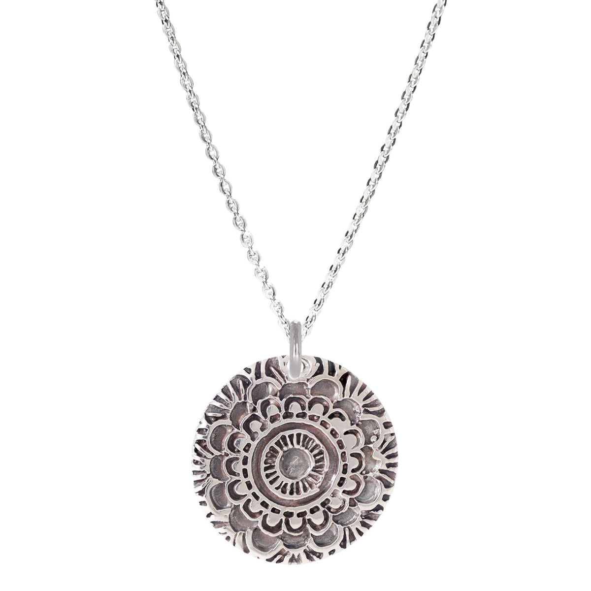 Mandala Textured Large Sterling Silver Necklace on a Sterling Silver Cable Chain