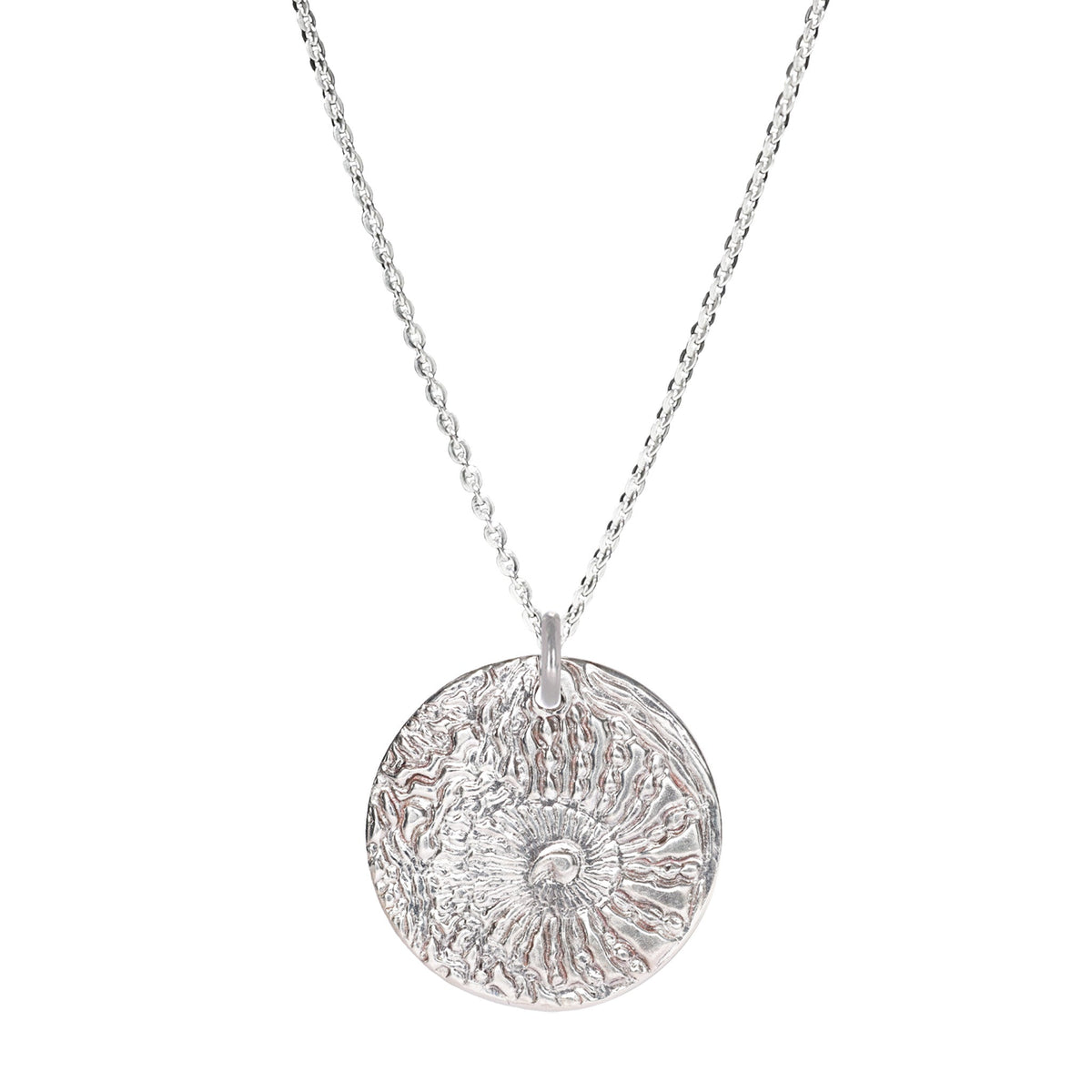 Nautilus Textured Large Sterling Silver Necklace on a Sterling Silver Cable Chain