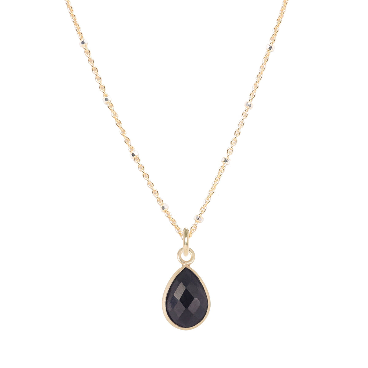 Gold Platted Sterling Silver Chain with Teardrop Black Spinal in Gold Platted Sterling Silver Bezel