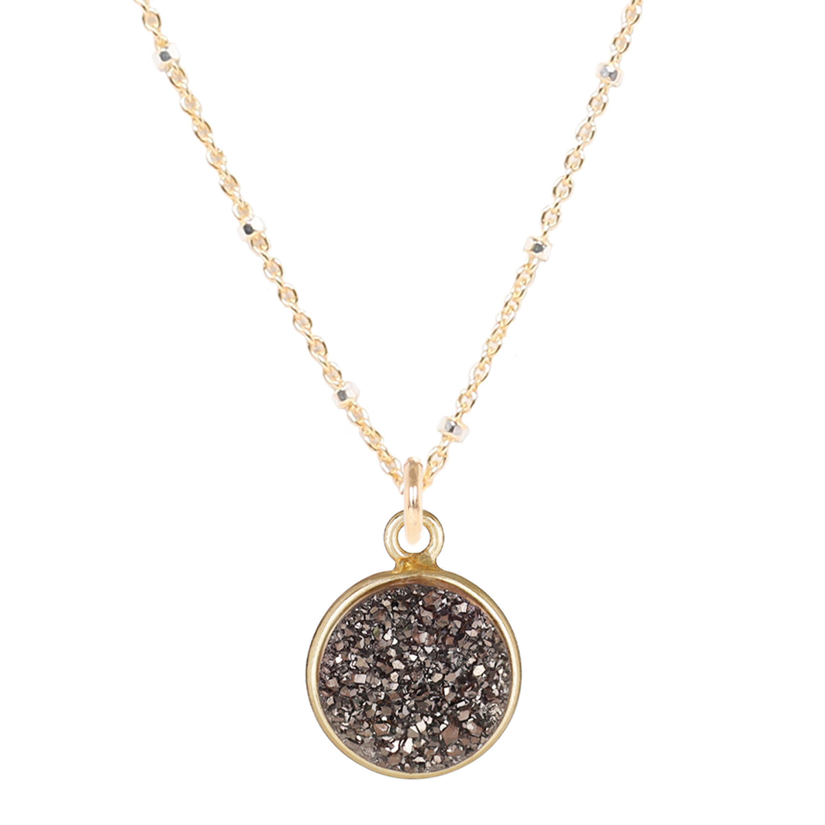 Gold Platted Sterling Silver Chain with 11MM Grey Druzy in Gold Platted Sterling Silver Bezel