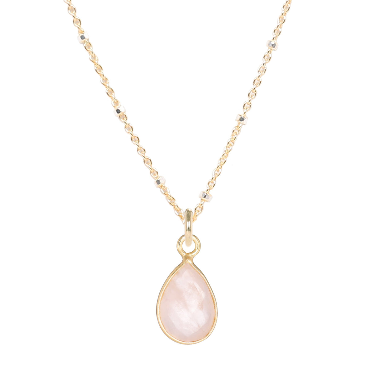 Gold Platted Sterling Silver Chain with Teardrop Rose Quartz in Gold Platted Sterling Silver Bezel