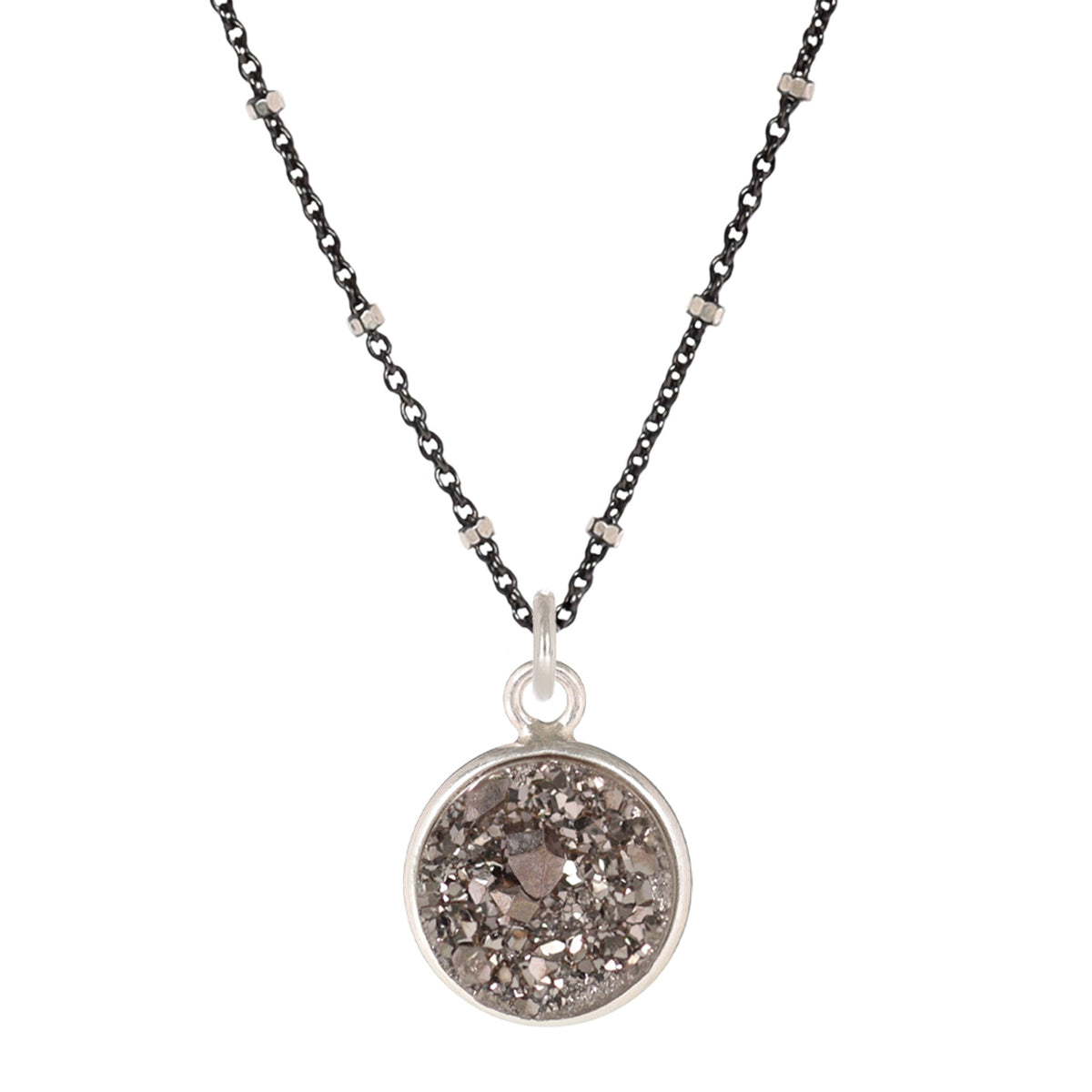 Oxidized Sterling Silver Chain with 11MM Grey Druzy in Sterling Bezel