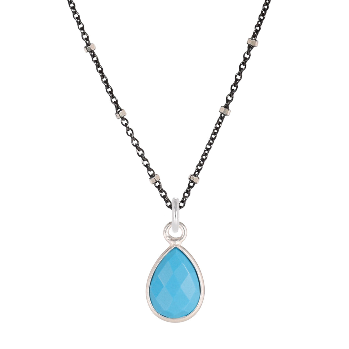 Oxidized Sterling Silver Chain with Teardrop Turquoise in Sterling Silver Bezel