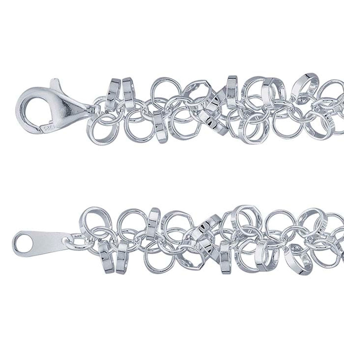 Sterling Silver 11.6mm Large Flat & Round Wire Ringlet Chain Bracelet