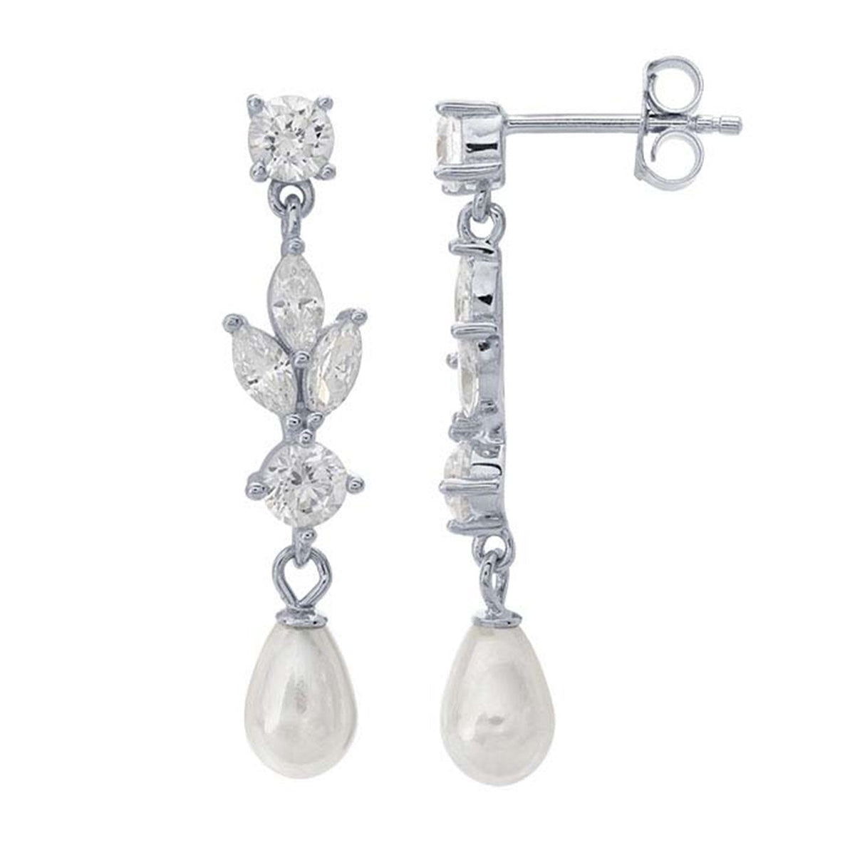 Sterling Silver CZ-Set Shell Pearl Drop Post Earrings