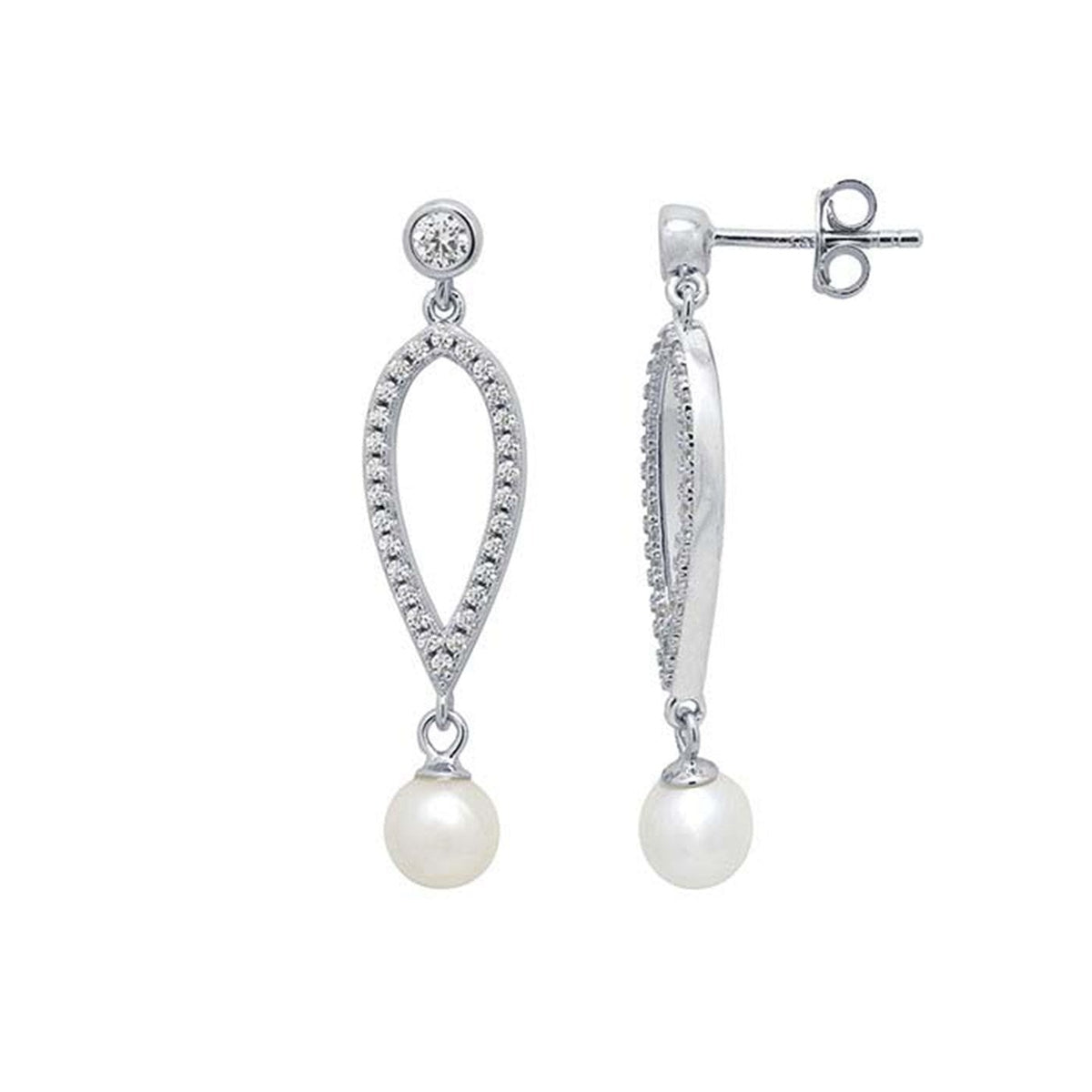 Sterling Silver CZ White Freshwater Shell Pearl Drop Post Earrings