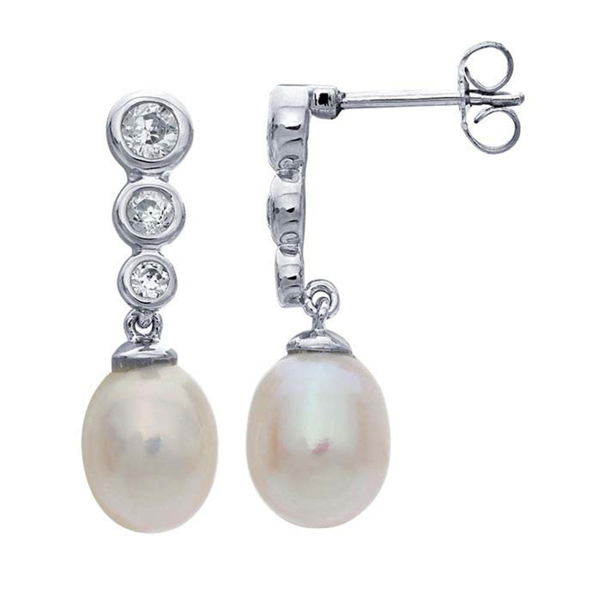 Sterling Silver Three CZ-Set Post Earrings with Freshwater Pearl Drop