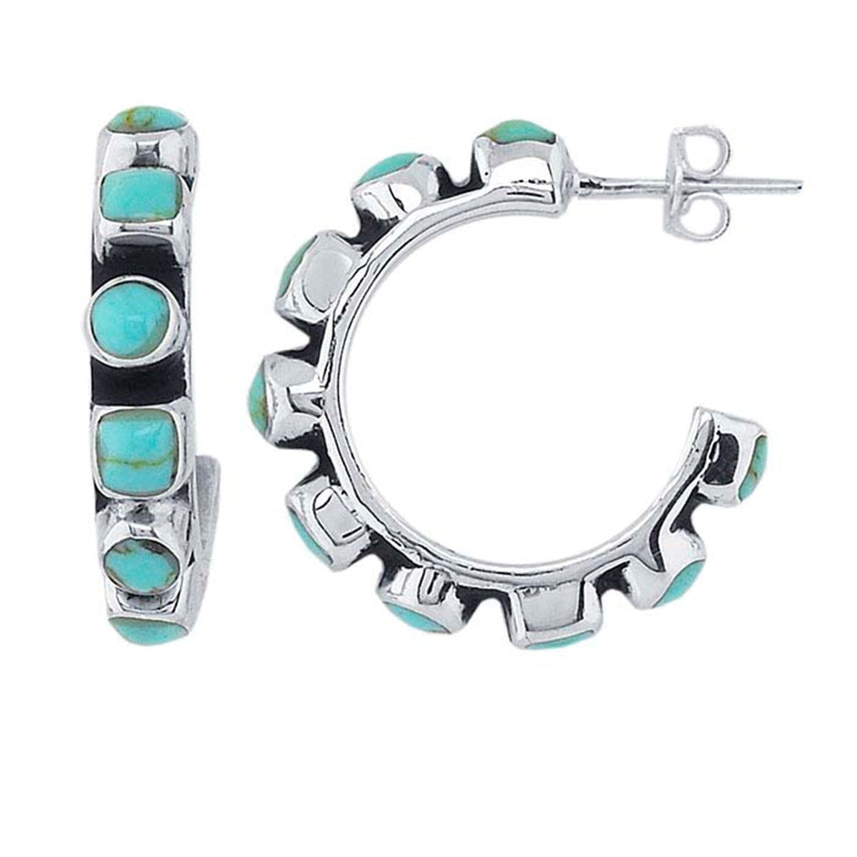 Sterling Silver Turquoise-Set Hoop Earrings